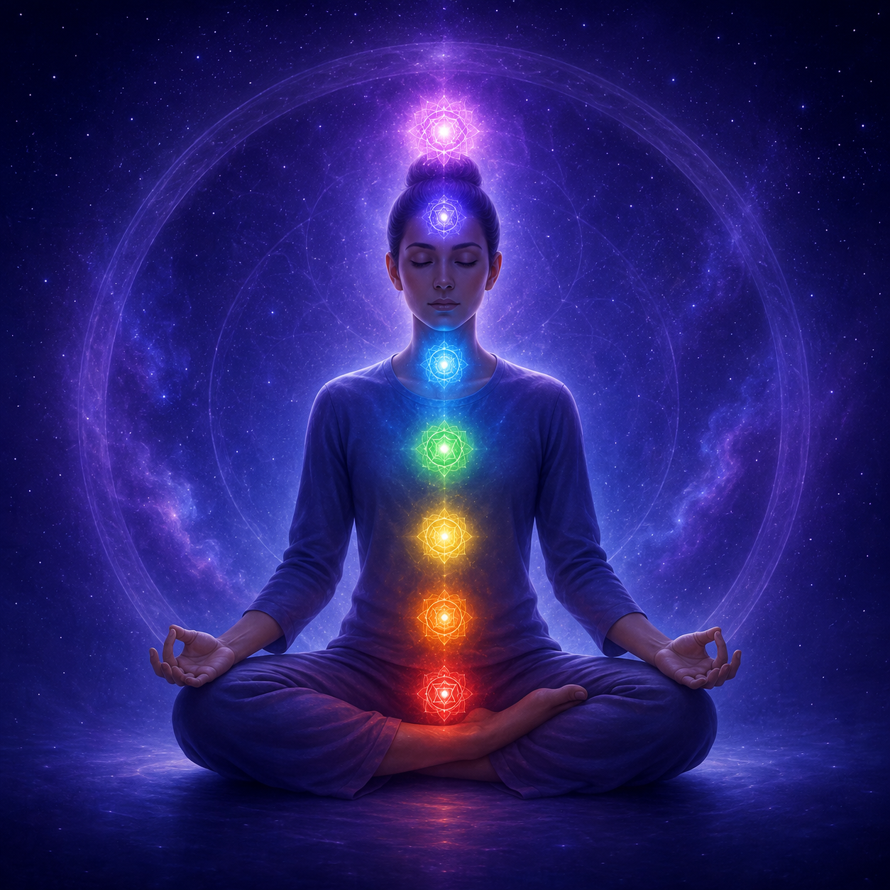 A person meditating with seven glowing chakra centers